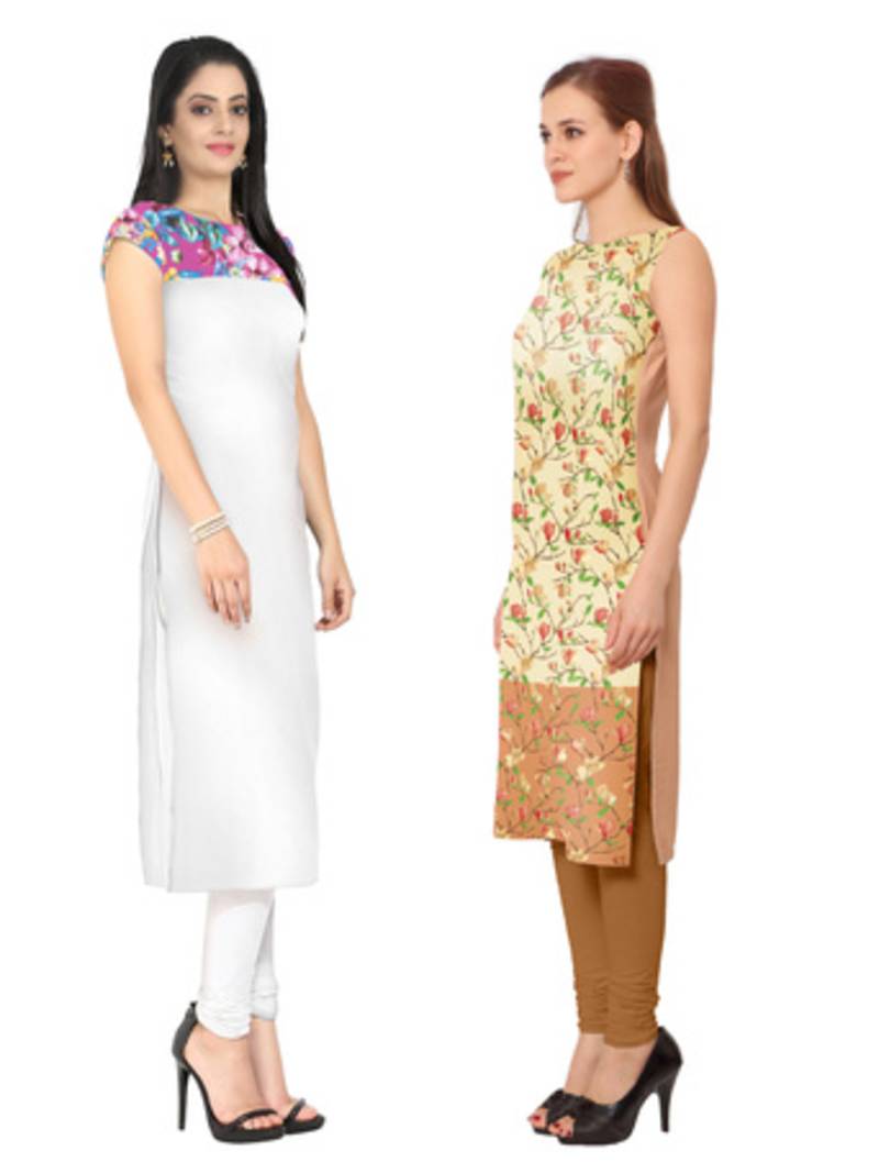 White faux crepe printed stitched kurti