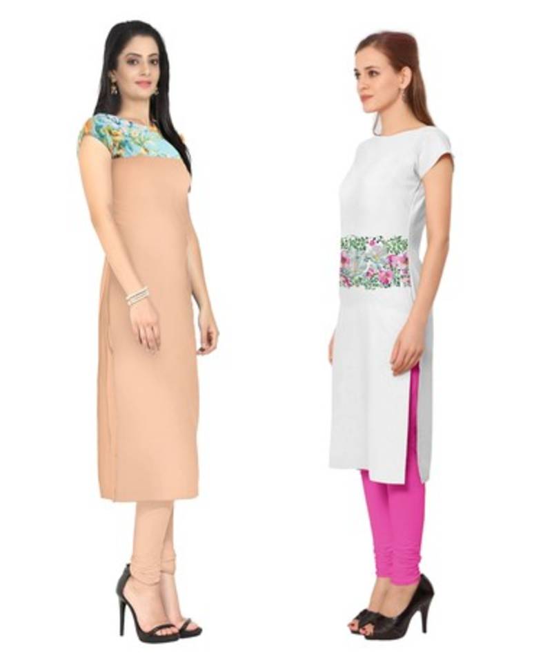 Peach and white faux crepe printed stitched kurti