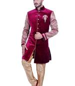 burgundy purple velvet printed Jodhpuri Sherwani