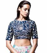 Navy blue raw silk embroidered unstitched blouse-fabric