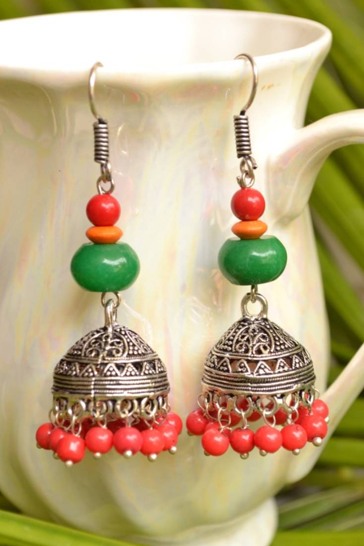 Oxisidised Silver Semi precious stone KundanJhumka Earrings