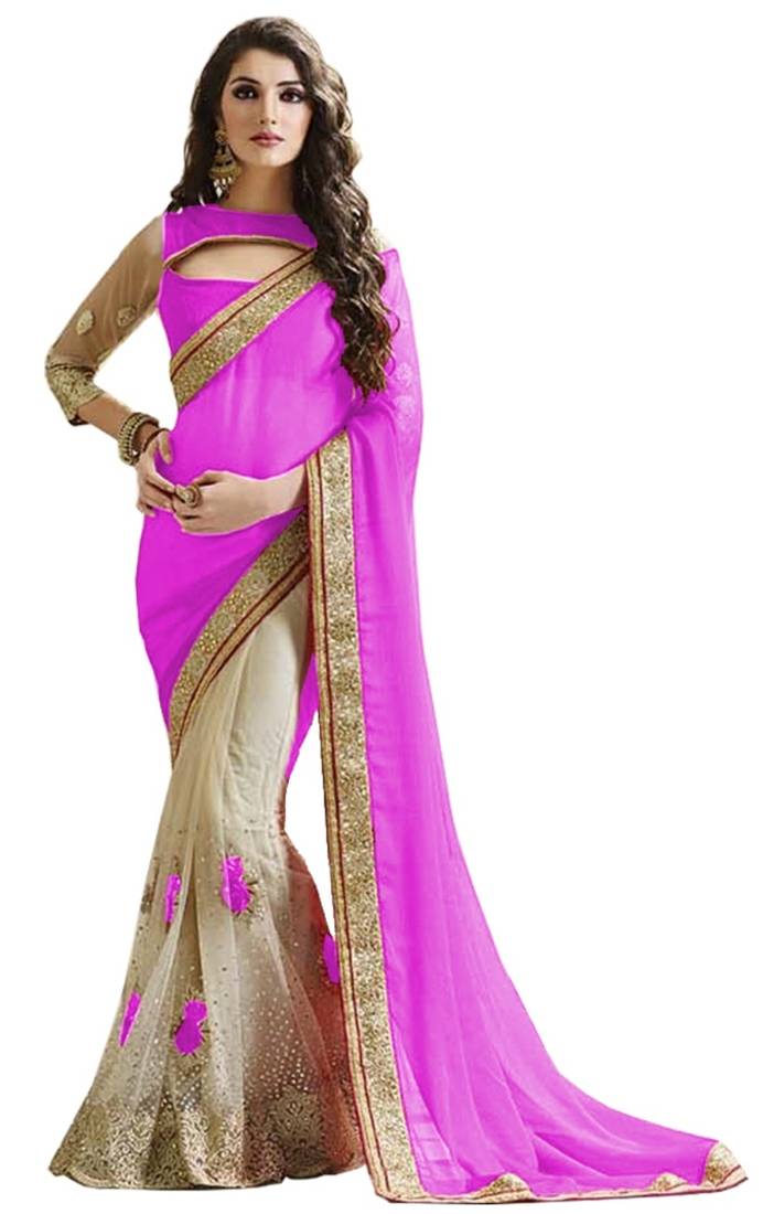 Pink Embellished Embroidered Poly Georgette Saree with Blouse Piece