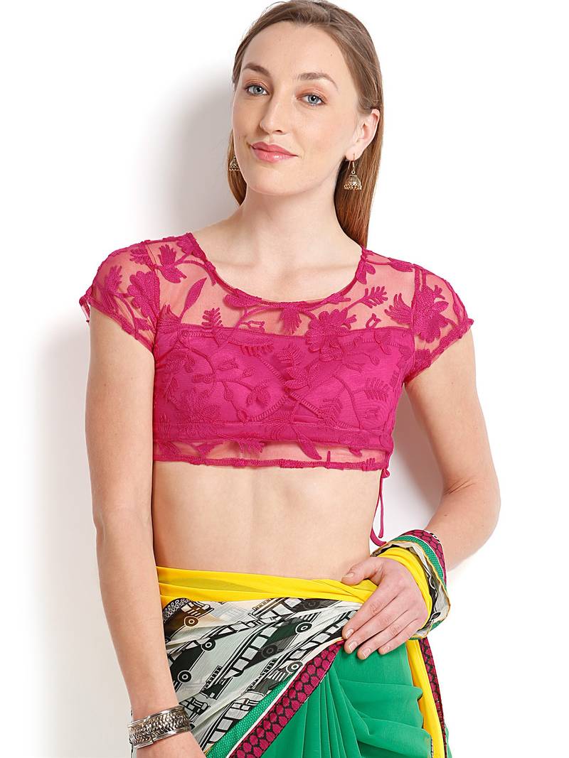 Pink net embroidered readymade blouse