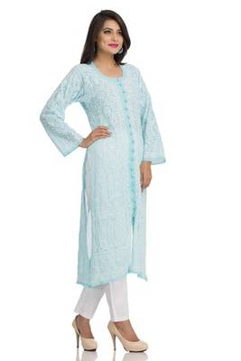 Ada Blue Faux Georgette Embroidered Lucknow Chikankari Kurti 4