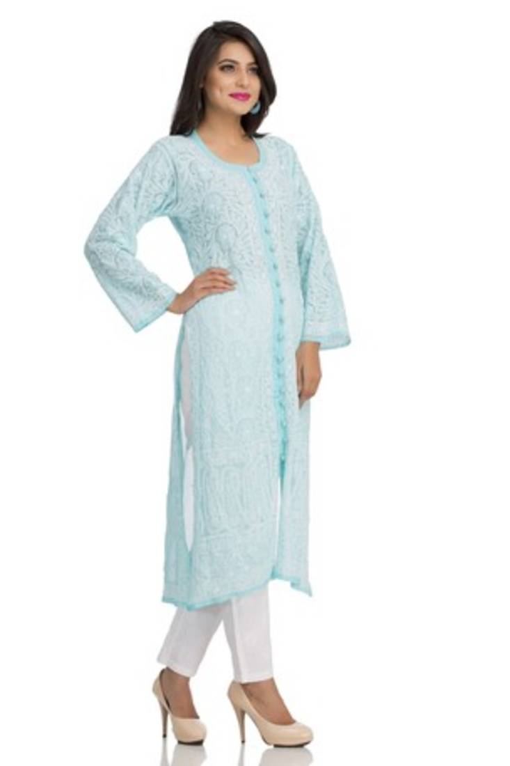 Ada Blue Faux Georgette Embroidered Lucknow Chikankari Kurti