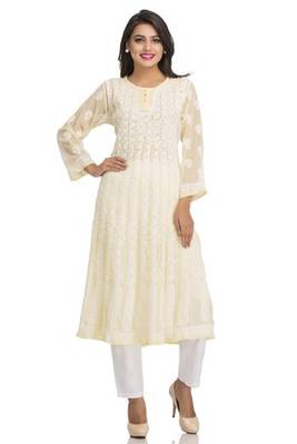 Ada Yellow Faux Georgette Hand Embroidered Lucknow Chikan Kurti 1