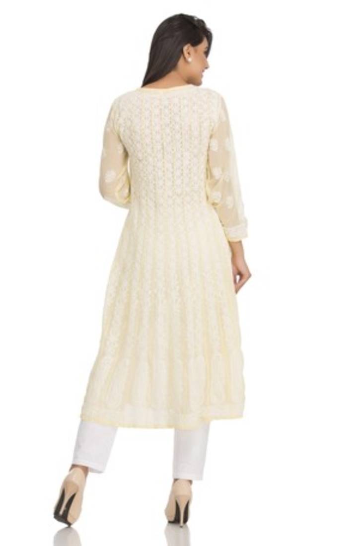 Ada Yellow Faux Georgette Hand Embroidered Lucknow Chikan Kurti