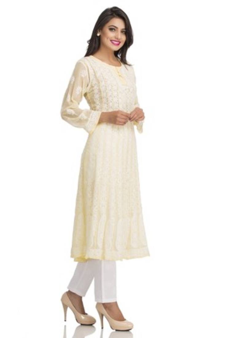 Ada Yellow Faux Georgette Hand Embroidered Lucknow Chikan Kurti