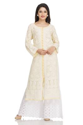 Hand Embroidered Yellow Faux Georgette Lucknow Chikankari Kurti 1