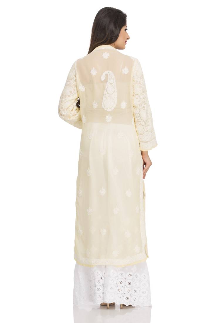 Hand Embroidered Yellow Faux Georgette Lucknow Chikankari Kurti