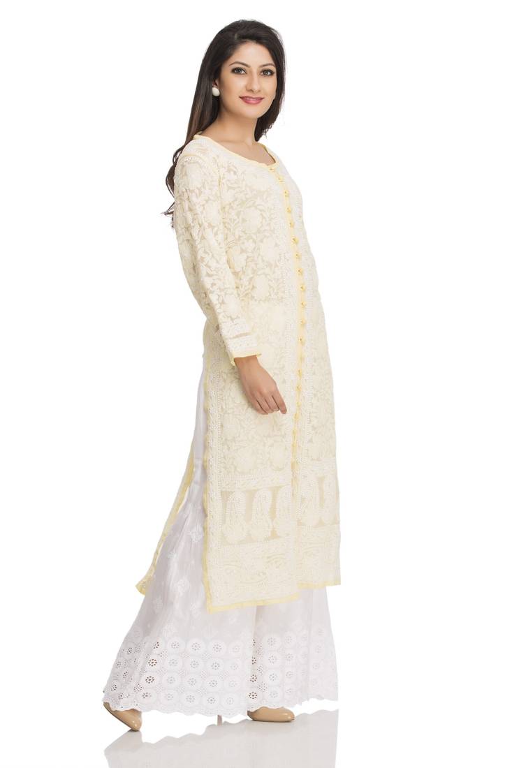 Hand Embroidered Yellow Faux Georgette Lucknow Chikankari Kurti