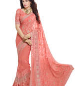 Peach embroidered nazneen and chiffon saree With Blouse