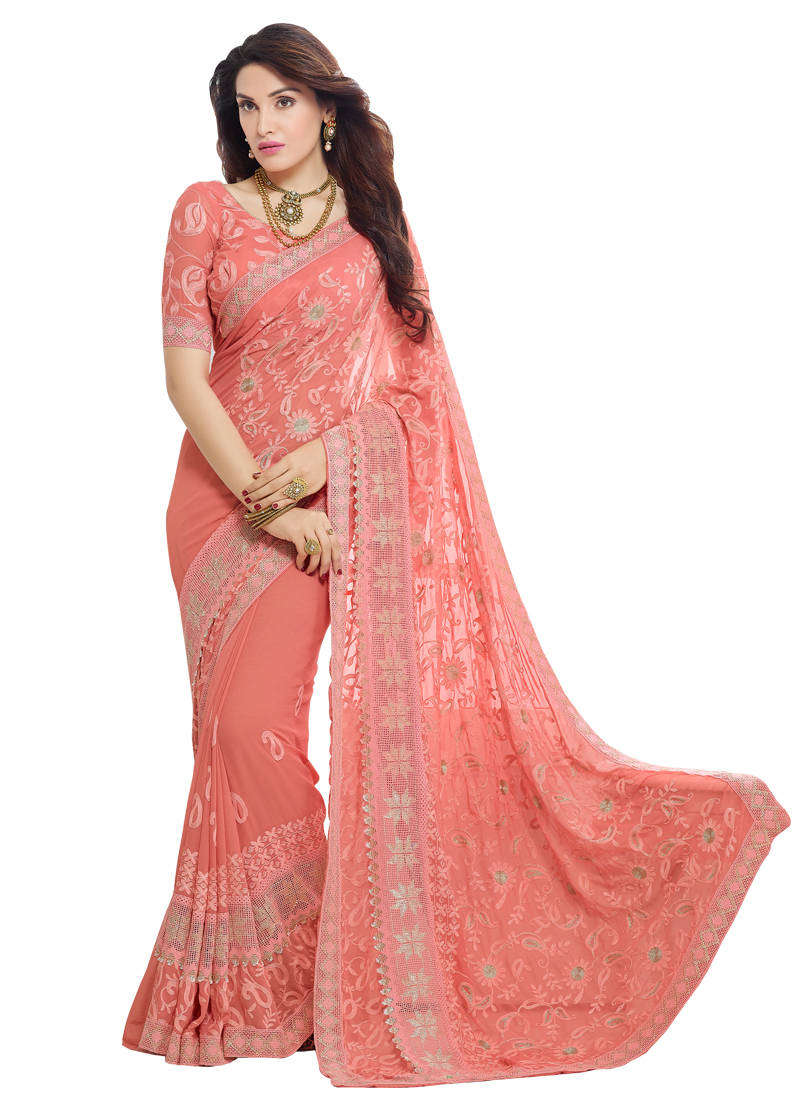 Peach embroidered nazneen and chiffon saree With Blouse