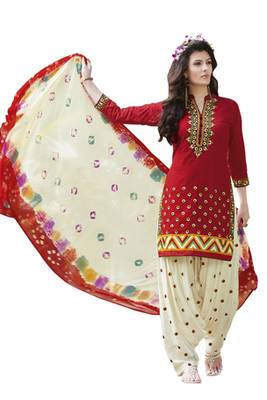Red pure cotton embroidered unstitched salwar with dupatta 1