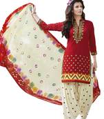 Red pure cotton embroidered unstitched salwar with dupatta