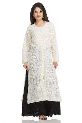 Ada Lemon Faux Georgette Hand Embroidered Lucknow Chikan Kurti 1