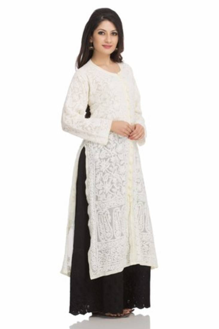Ada Lemon Faux Georgette Hand Embroidered Lucknow Chikan Kurti