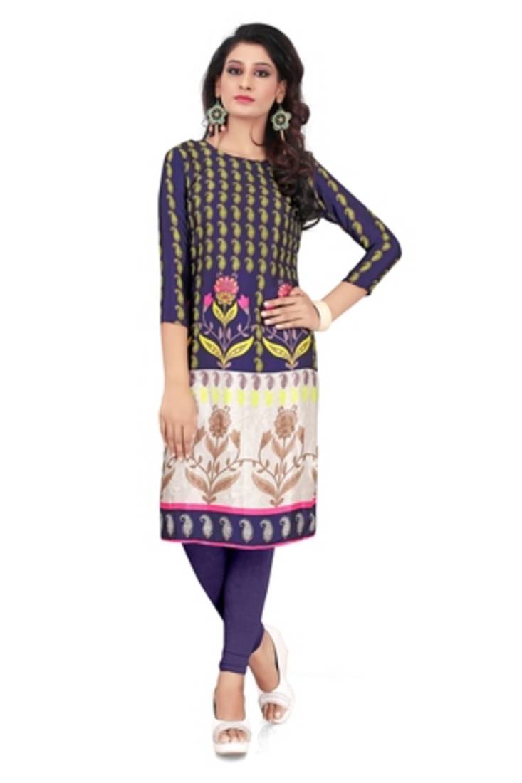 Blue silk crepe printed semi stitched kurti