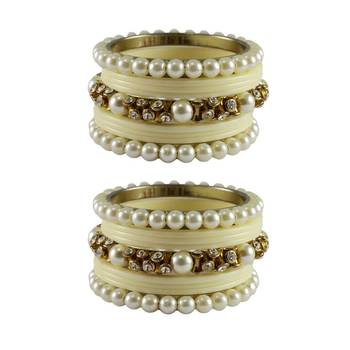 White Moti Acrylic-Brass Bangle 1