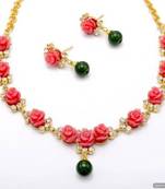 Beautiful Flower Coral Necklace Set With Earrings (Pink)   Pcn1049