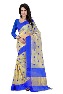 Blue printed cotton saree With Blouse 1