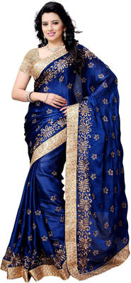 Navy Blue  Embroidered Georgette Satin Saree With Blouse 1