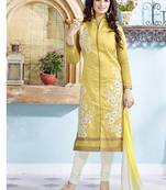 Yellow chanderi embroidered semi stitiched salwar with dupatta
