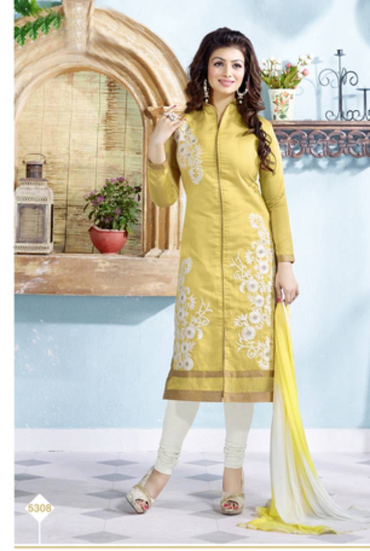 Yellow chanderi embroidered semi stitiched salwar with dupatta