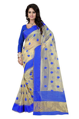 Blue Printed Cotton Saree With Blouse 1