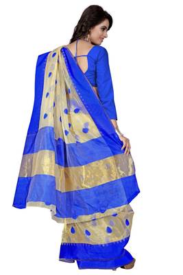 Blue Printed Cotton Saree With Blouse 3