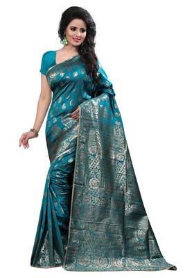 Turquoise Printed Art Silk Saree With Blouse 1