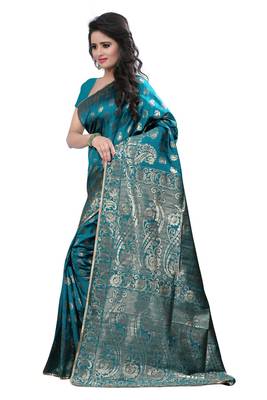 Turquoise Printed Art Silk Saree With Blouse 2