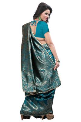 Turquoise Printed Art Silk Saree With Blouse 3