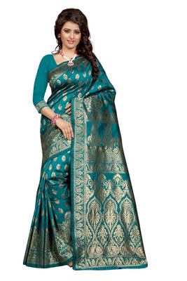 Turquoise Printed Art Silk Saree With Blouse 1