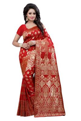 Red Printed Art Silk Saree With Blouse 1