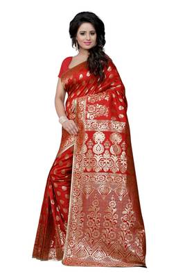 Red Printed Art Silk Saree With Blouse 2