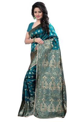 Turquoise Printed Art Silk Saree With Blouse 2