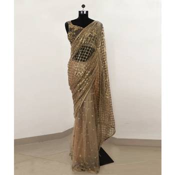 Beige sequin embroidered net saree With Blouse 1