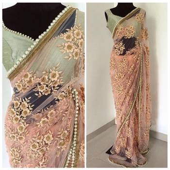 Peach embroidred net saree With Blouse 2