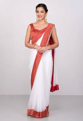 White plain Georgette saree With Blouse 1