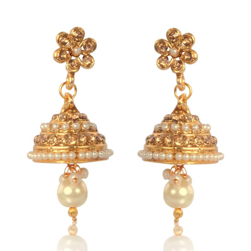 Beautiful Jhumka Earrings with White Pearls, Droplets and Beads ABARI00EB006