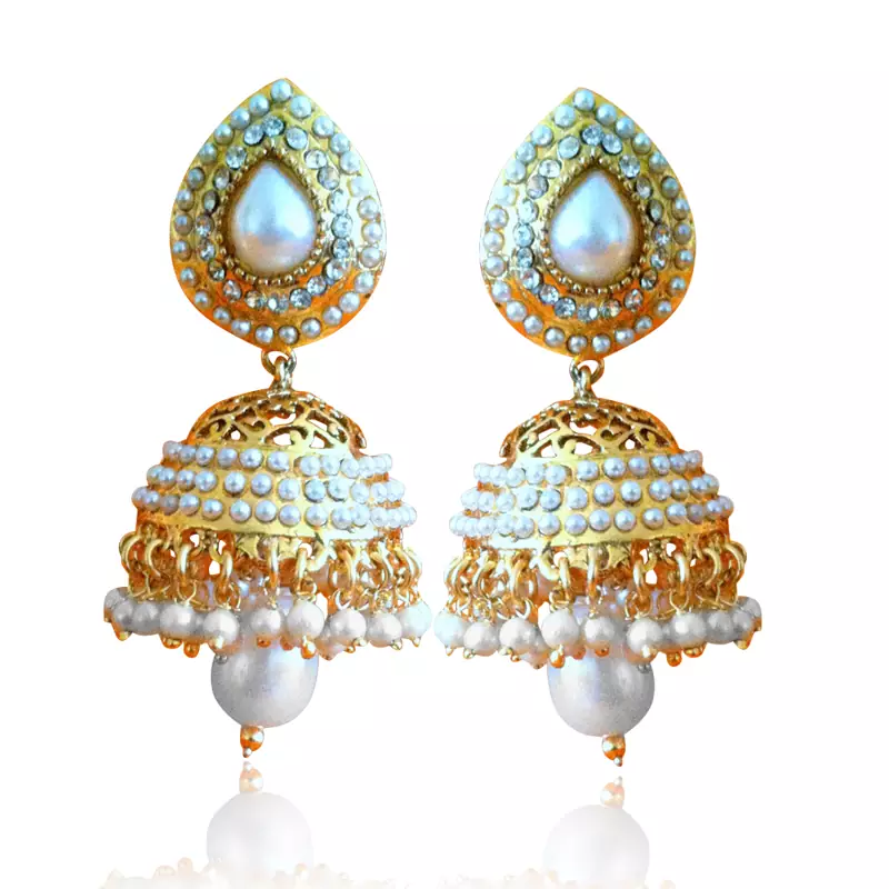 Ethnic Pearl Jhumka Earrings with White Stones by ADIVA ABSAT0CB0102 TDS 12