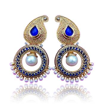Blue Stone Paisley pearl golden polki earring , ethnic Indian Bollywood PSEAZ014BL 1