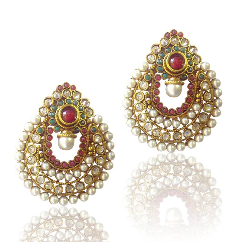 Amazing Red Green Pearl Polki Earrings by ADIVA ABCHI0BCD007 DDS 1