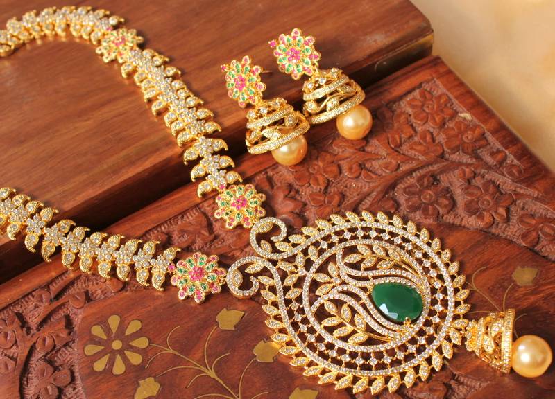 Beautiful Designer Cz  Ruby Emerald Necklace Set 