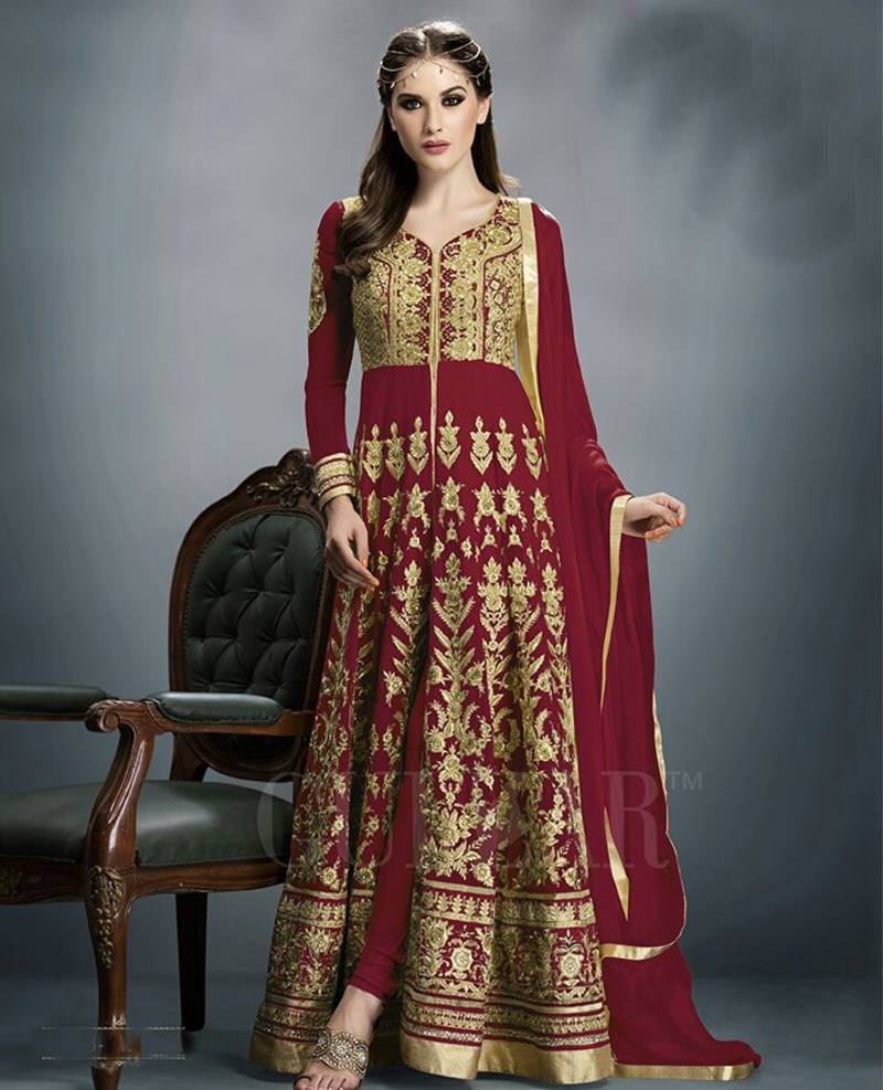 Maroon georgette embroidered semi stitched salwar with dupatta