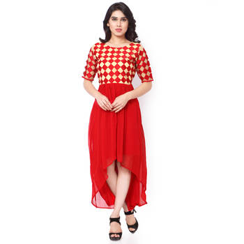 Red And Cream Net And Georgette Embroidered Stitched Kurti 1