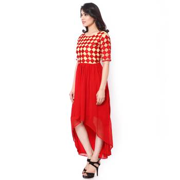 Red And Cream Net And Georgette Embroidered Stitched Kurti 2