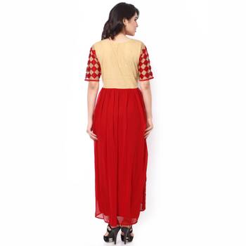 Red And Cream Net And Georgette Embroidered Stitched Kurti 3