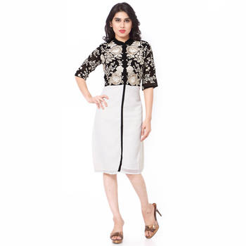 Off White And Black Gerogette Embroidered Stitched Kurti 1